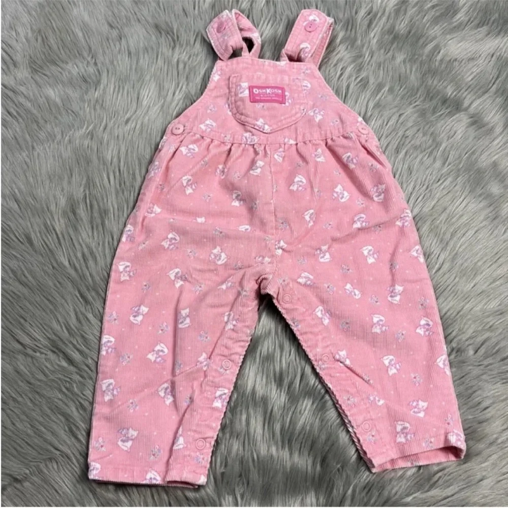 Vintage Oshkosh Bgosh Baby Girls Pink Corduroy Kitty Cat Overalls